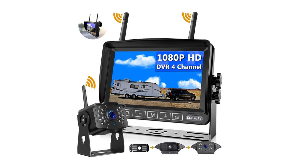 RV Backup Camera Wireless DOUXURY IP69 Waterproof 170° Wide View Angle HD 1080P Rear View Camera + HD LCD 7" Monitor, Digital Wireless Camera System f