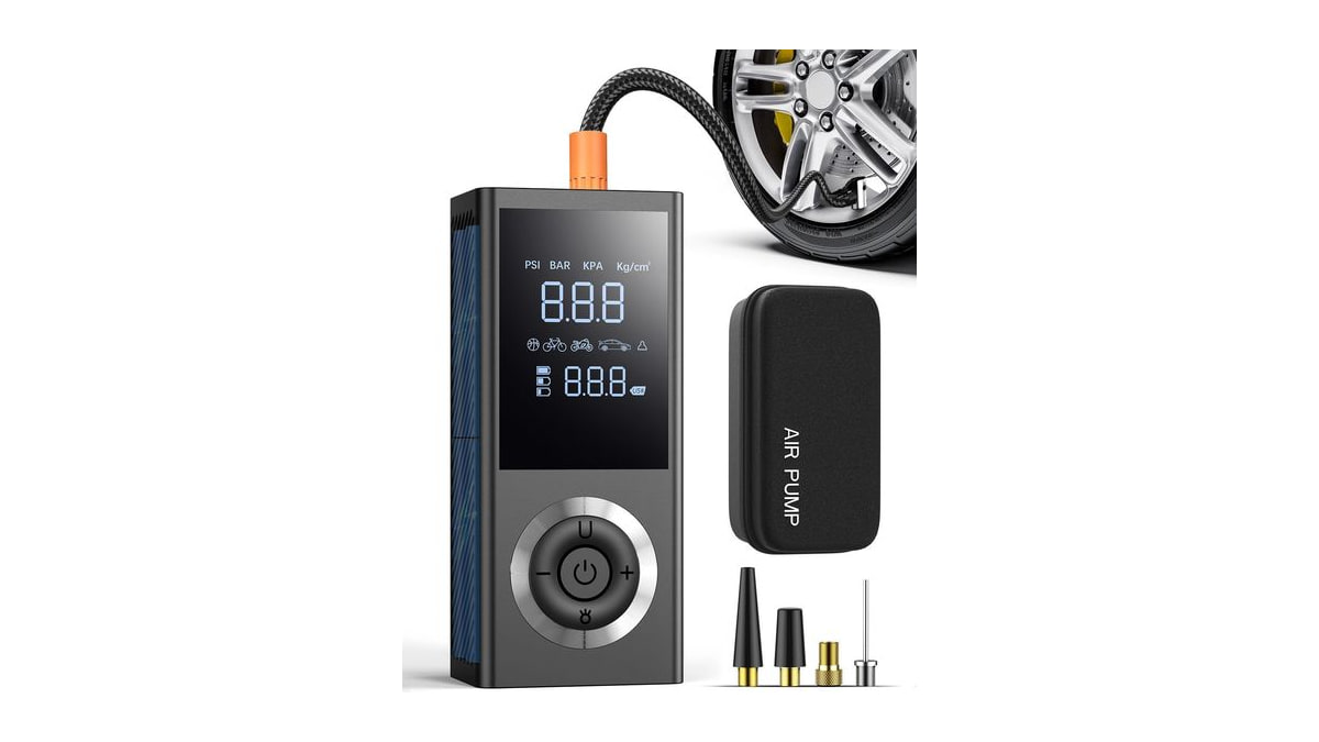 Tire Inflator Portable Air Compressor, 150 PSI Smart Air Pump with Digital Pressure Gauge, LED Light, 12V Car Power Adapter, Storage Box