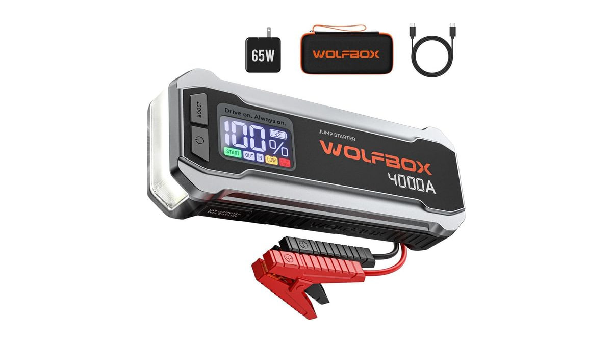 WOLFBOX 4000A Jump Starter,12V Car Battery Jumper Starter Portable with 65W Quick Charger,LED Display,88.8Wh Booster Jump Box Pack (10L Gas 10L Diesel