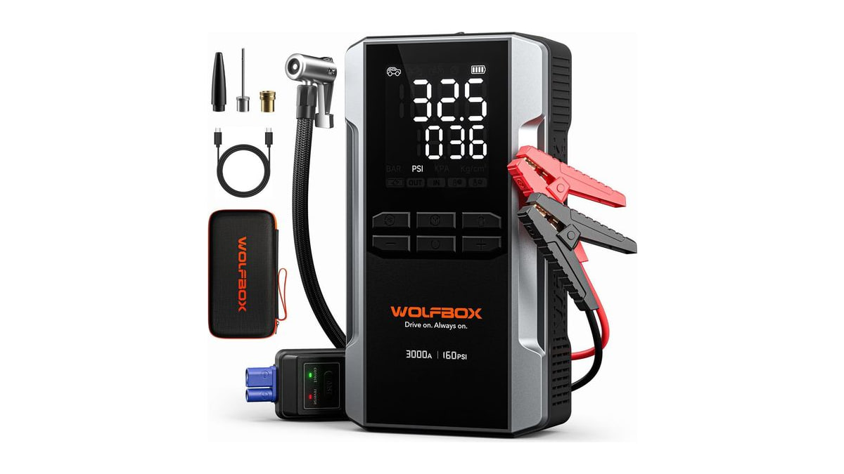 WOLFBOX MV16A 3000A Jump Starter with Air Compressor, 59.2Wh&160PSI Portable Car Battery Jump Starter with 65W Fast Charging, 12V Battery Pack (8L Gas