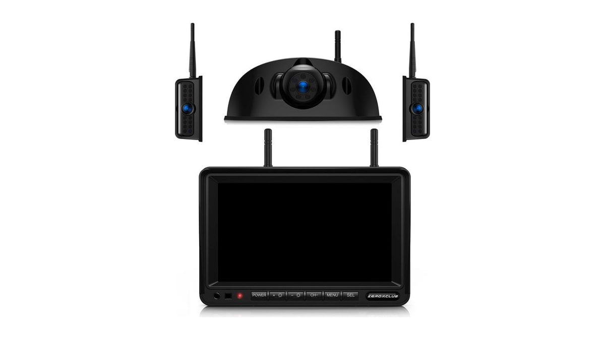 ZEROXCLUB 3-Camera Wireless RV Backup Camera System with 7-Inch Monitor, 1 Rear Sharkfin, 2 Side Cameras, DVR Monitor & IR Night Vision, IP69K Waterpr