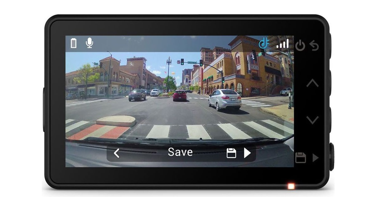 The Garmin Dash Cam X110 showing recorded road footage on its screen