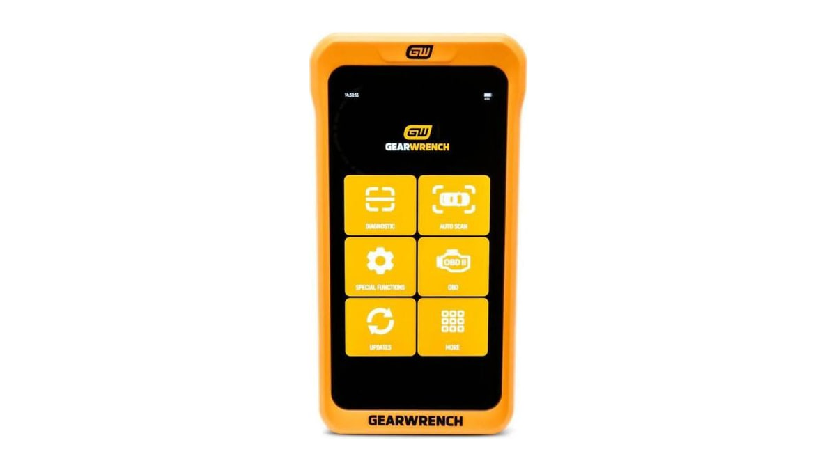 Orange GEARWRENCH handheld diagnostic tool viewed from the front with six menu tiles on its screen.