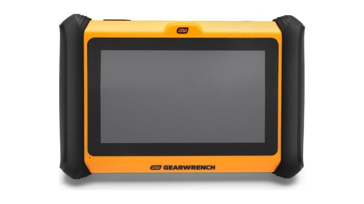Yellow and black GEARWRENCH diagnostic tablet viewed straight on with a blank screen against a white background.