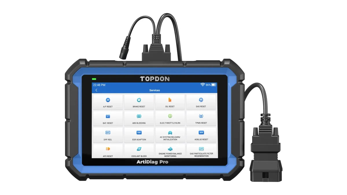 Blue and black TOPDON ArtiDiag Pro scanner viewed from the front with attached cables and connector.