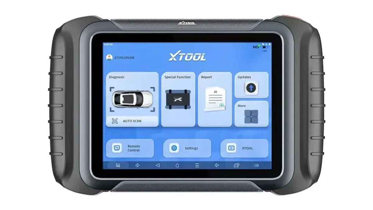 Black and gray XTOOL diagnostic tablet viewed from the front with a blue touchscreen on a white background.
