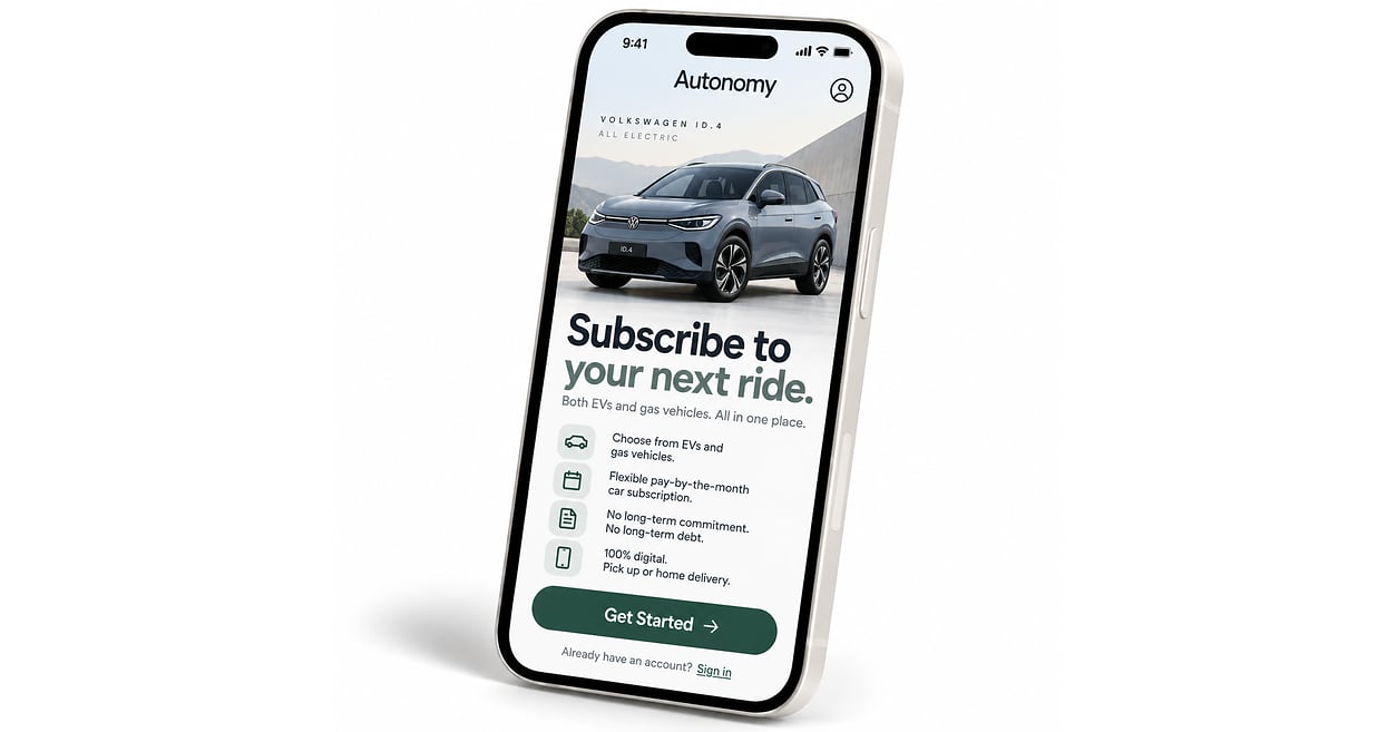 A smartphone displaying the Autonomy app with a Volkswagen ID.4 and vehicle subscription options.