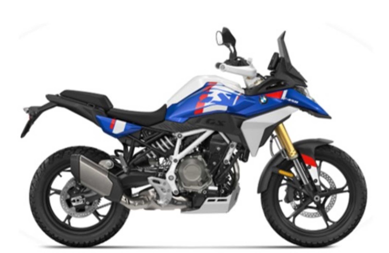 Blue, white and red BMW F 450 GS with alloy wheels, white frame sections and a silver engine guard.