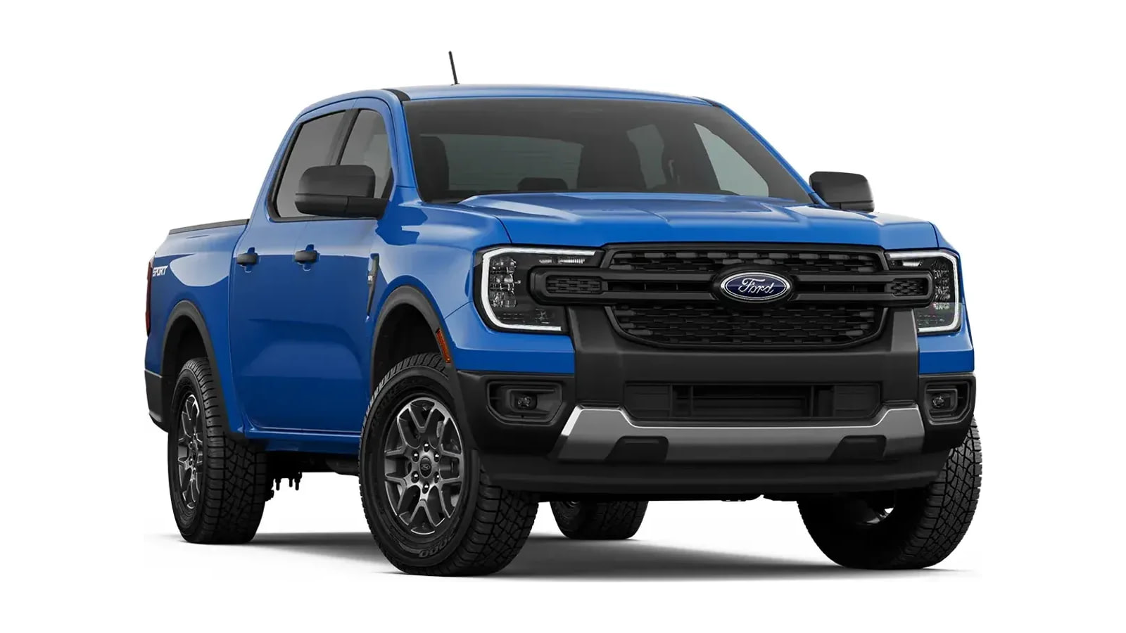 Blue Ford Ranger crew cab pickup viewed from the front corner, with a black grille and alloy wheels.