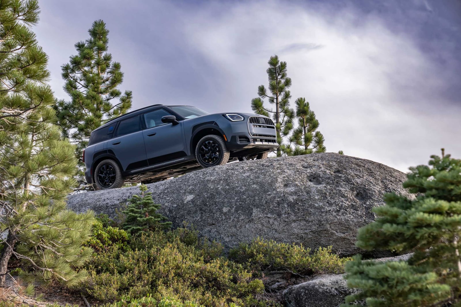 A blue gray MINI Countryman sits on a rocky slope among pine trees.