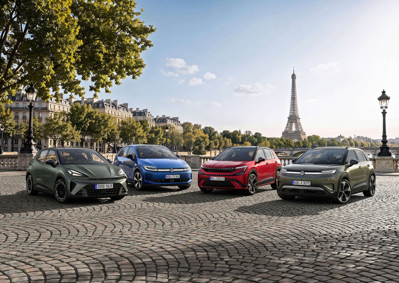 CUPRA Raval, Volkswagen ID. Polo, Škoda Epiq and Volkswagen ID. Cross parked near the Eiffel Tower.